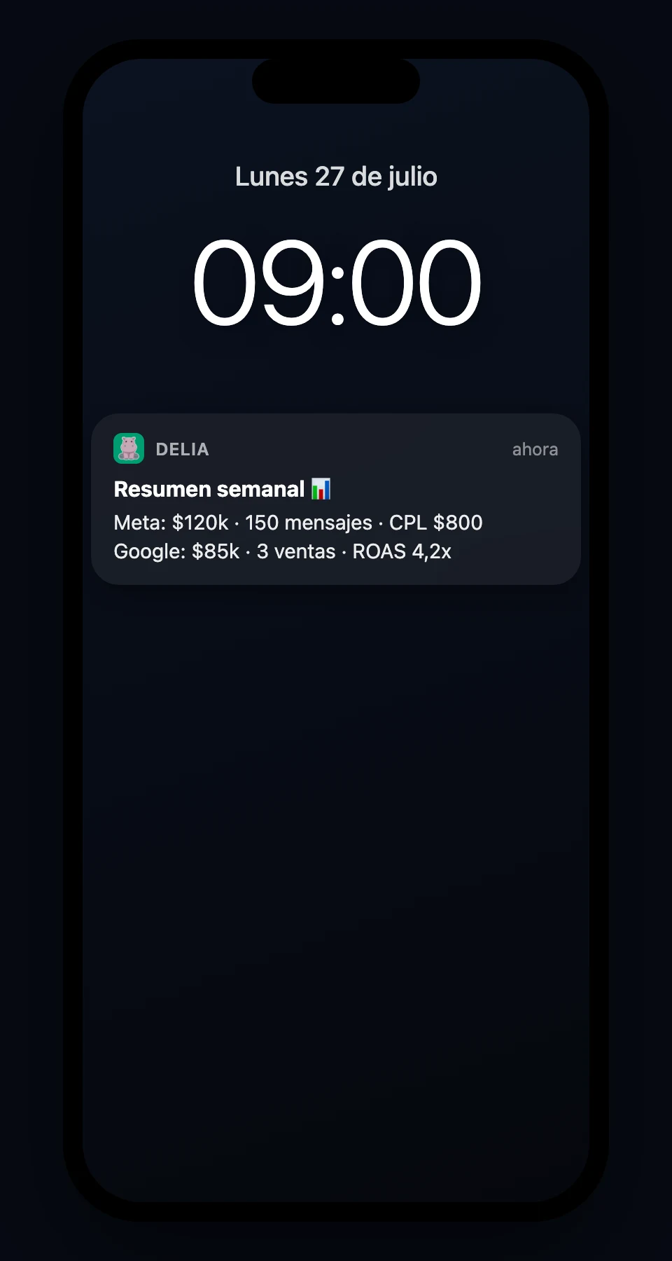 Notificación push de Delia con el resumen semanal de campañas